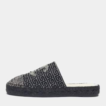 Pre Owned Chanel Black/White Tweed CC Espadrille Mules  Size 36