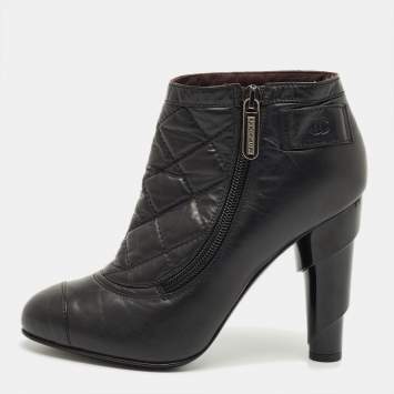 Pre Owned Chanel Black Leather CC Cap Toe  Ankle Length Boots Size 36.5