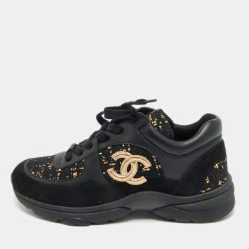 Pre Owned Chanel Black Leather and Tweed CC Logo Lace Up Sneakers Size 36