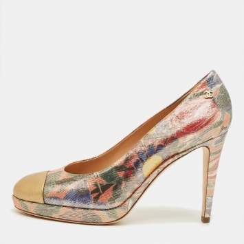 Pre Owned Chanel Multicolor Leather and Lurex Fabric CC Cap Toe Platform Pumps Size 40.5