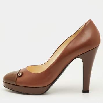 Pre Owned Chanel Size 39.5 Brown Leather and Patent Leather CC Cap Toe Platform Pumps