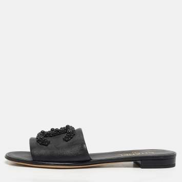 Pre Owned Chanel CC Embellished Size 40 Black Leather Flat Slides