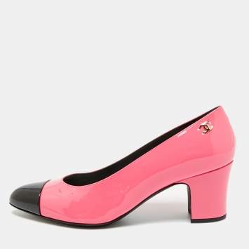 Pre Owned Chanel CC Size 40 Pink/Black Patent Leather Cap Toe Block Heel Pumps