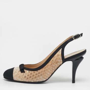 Pre Owned Chanel CC Size 39 Beige/Black Snakeskin and Fabric Bow Cap Toe Slingback Pumps