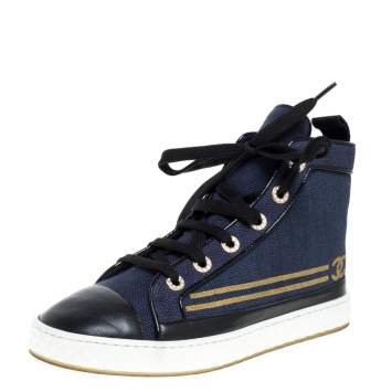 Pre Owned Chanel Blue/Black Canvas and Leather High Top Sneakers Size 36.5