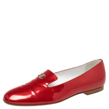 Pre Owned Chanel Red Patent Leather Crystal CC Slip On Loafers Size 39.5