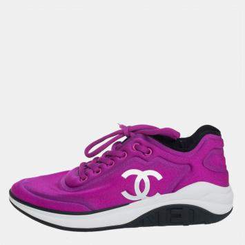 Pre Owned Chanel Purple Neoprene CC Low Top Sneakers Size 39