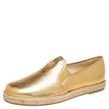 Pre Owned Chanel Metallic Gold Leather CC Espadrille Loafers Size 36