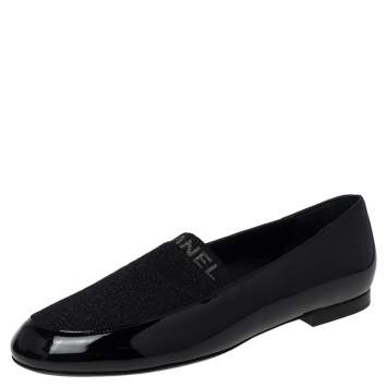 Pre Owned Chanel Black Patent Leather and Knit Fabric Slip On Loafers Size 40.5
