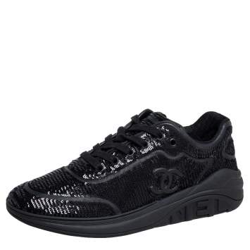 Pre Owned Chanel Black Sequins and Leather CC Low Top Sneakers Size 41