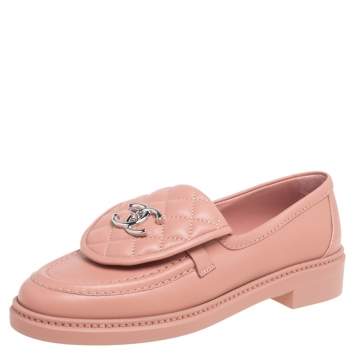 Pre Owned Chanel Pink Quilted Leather Flap Turn Lock CC Loafers Size 37