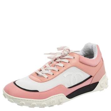 Pre Owned Chanel Pink/White Leather And Mesh CC Sneakers Size 40