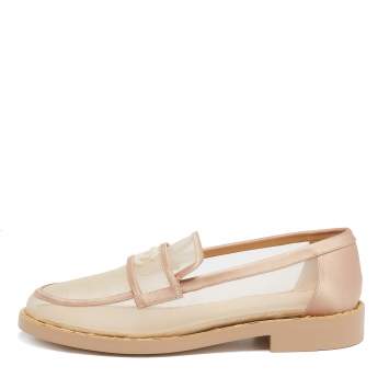 Pre Owned Chanel Beige Mesh and Satin Embellished CC Loafers Size 39.5