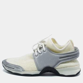 Chanel White/Grey Stretch Fabric and Corduroy CC Sneakers Size 40.5