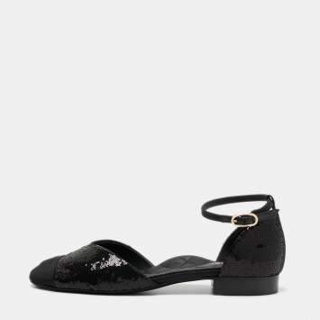 Pre Owned Chanel Black Sequins and Canvas CC Cap Toe Mary Jane Flats Size 39