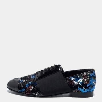 Pre Owned Chanel Tricolor Sequins and Patent Leather CC Cap Toe Derby Size 40.5