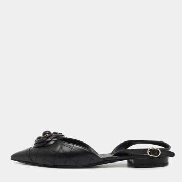 Pre Owned Chanel Black Quilted Leather CC Camelia Slingback Flats Size 39
