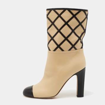 Pre Owned Chanel Beige/Black Interlocking Leather Cap Toe Mid Calf Boots Size 36.5