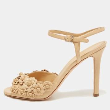 Pre Owned Chanel Beige Leather Camelia Ankle Strap Sandals Size 39