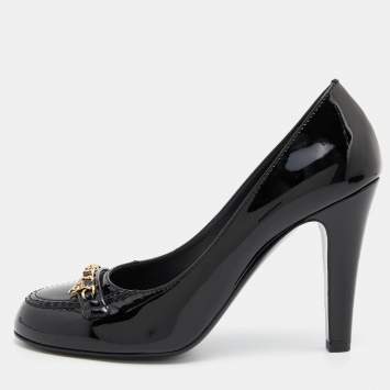 Pre Owned Chanel Black Patent Leather Chain Detail Cap Toe Pumps Size 39