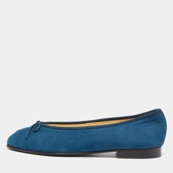 Pre Owned Chanel Blue Suede CC Cap Top  Ballet Flats Size 40