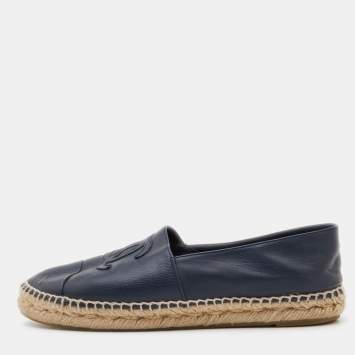 Pre Owned Chanel Navy Blue Leather CC Espadrille Flats Size 40