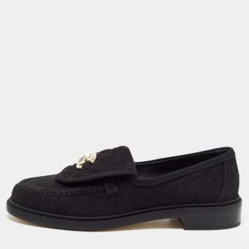 Pre Owned Chanel Black Fabric Quilted CC Crystal Embellished Slip On Loafers Size 38