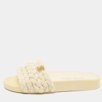 Pre Owned Chanel White Beads Briaded Slide Sandals Size 36