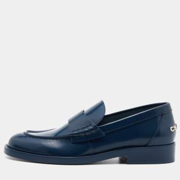 Pre Owned Chanel Blue Leather Slip On Loafers Size 37.5