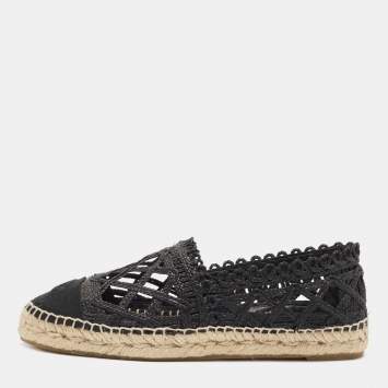 Pre Owned Chanel Black Canvas and Raffia  Interlocking CC Logo Espadrille Flats Size 40