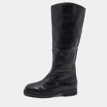 Pre Owned Chanel Black Leather CC Embossed Calf Boots Size 39