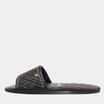 Chanel Black Quilted Leather Chain Flat Slides Size XL