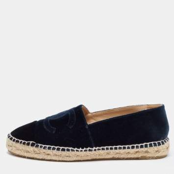 Pre Owned Chanel  Navy Blue Velvet CC Cap Toe Ballet Flats Size 40