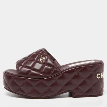 Pre Owned Chanel Burgundy Leather Espadrille Platform Wedge Slides Size 38