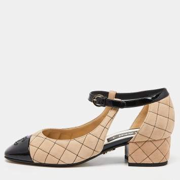 Pre Owned Chanel Beige/Black Suede and Patent Leather CC Cap Toe Mary Jane Flats Size 37.5