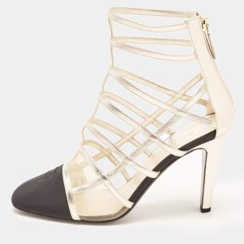 Pre Owned Chanel Gold/Black Leather and Canvas CC Cap Toe Cage Ankle Booties Size 41