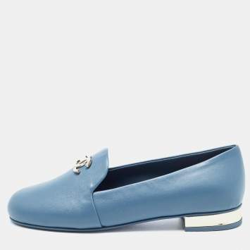 Pre Owned Chanel Blue Leather CC Smoking Slippers Size 38