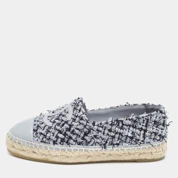Pre Owned Chanel Grey Tweed and Leather Cap Toe CC Espadrille Flats Size 36