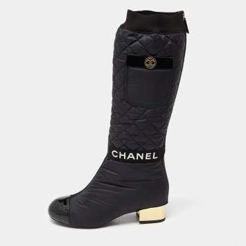 Pre Owned Chanel Black Nylon and Patent Leather Interlocking CC Knee High Sock Boots Size 38.5