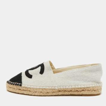 Pre Owned Chanel Grey/Black Wool CC Cap Toe Espadrille Flats Size 41