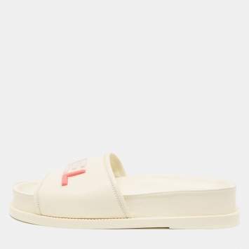 Pre Owned Chanel Cream Leather Logo Slides Size 40