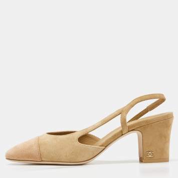 Pre Owned Chanel Two Tone Beige Cap Toe Suede Slingback Sandals Size 37.5