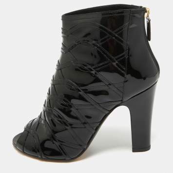 Pre Owned Chanel Black Patent Leather Peep Toe Ankle Booties Size 39.5