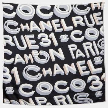 Pre Owned Chanel Black Coco Logo Print Silk Scarf
