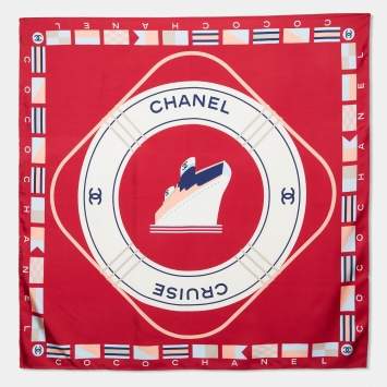Pre Owned Chanel Red Chanel Cruise Print Silk Square Scarf