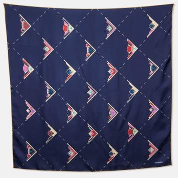 Pre Owned Chanel Navy Blue CC Geometric Print Silk Scarf