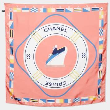 Pre Owned Chanel Coral Pink Chanel Cruise Print Silk Square Scarf