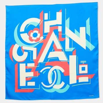 Pre Owned Chanel Blue Geometric Logo Print Silk Scarf
