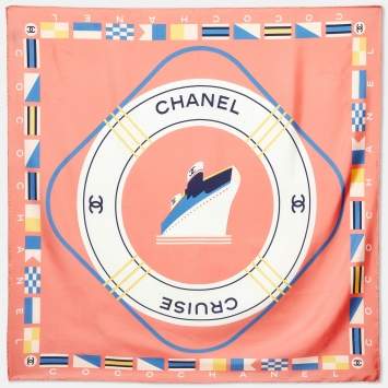 Pre Owned Chanel Coral Pink Logo Cruise Print Silk Square Scarf