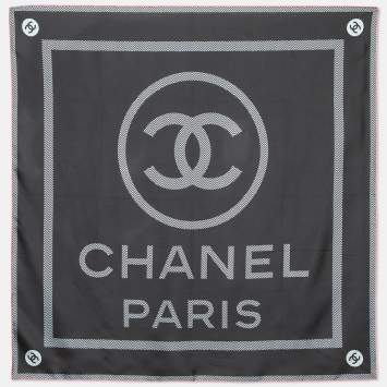 Pre Owned Chanel Black CC Logo Print Silk Square Scarf